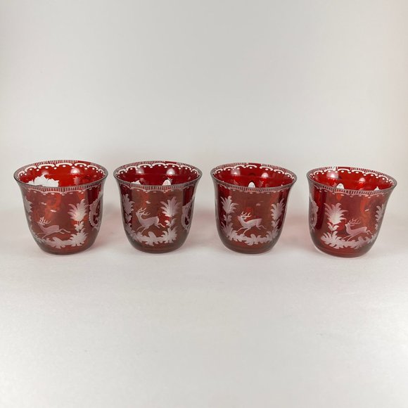 Vtg Egermann Tea Cup Bohemian Ruby Red Cut To Clear Glass EtchedDeer Lot of 4